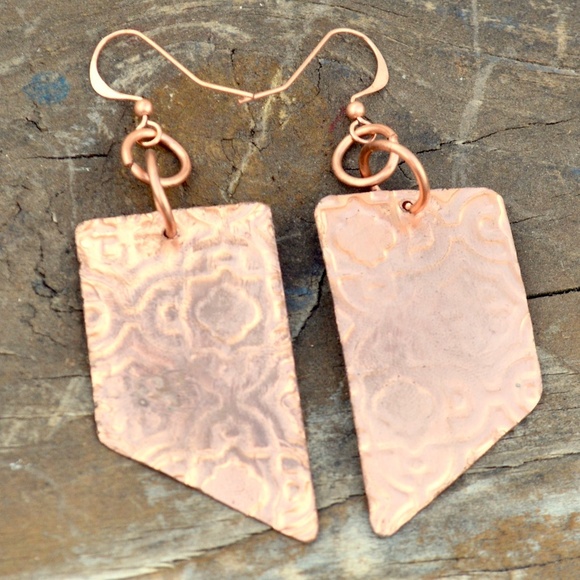 Minimal Moroccan Embossed Solid Copper Earrings Handmade Boho Gift Statement - Picture 4 of 4